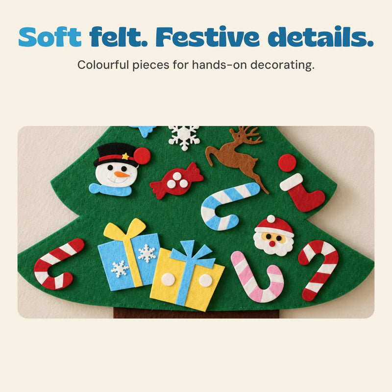 Close-up of the felt Christmas tree decorations, including candy canes, presents and a snowman face.