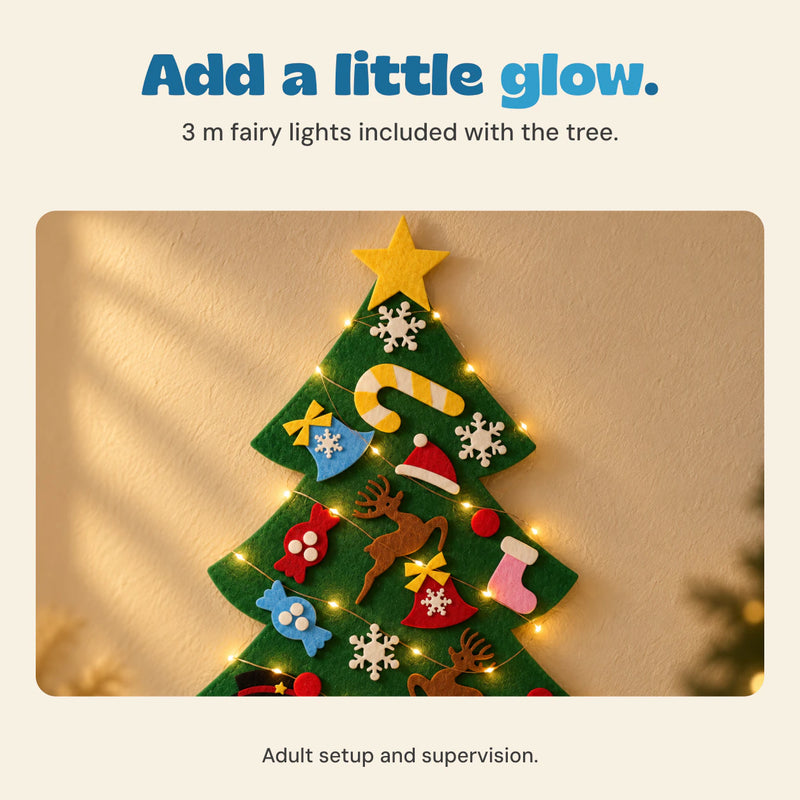 Felt Christmas tree with warm white fairy lights and a note that 3 m fairy lights are included.