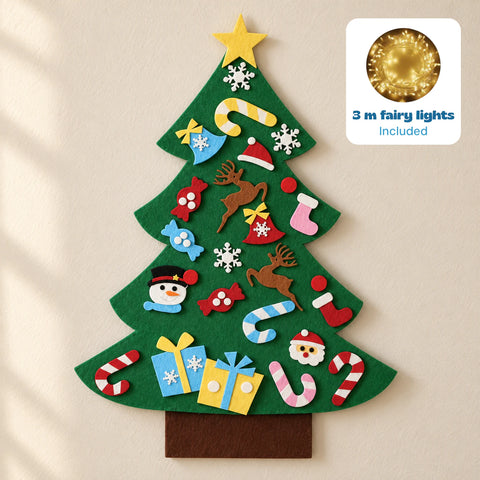 TibaToes felt Christmas Tree Play Set on a warm beige wall, with a badge showing the included 3 m fairy lights.