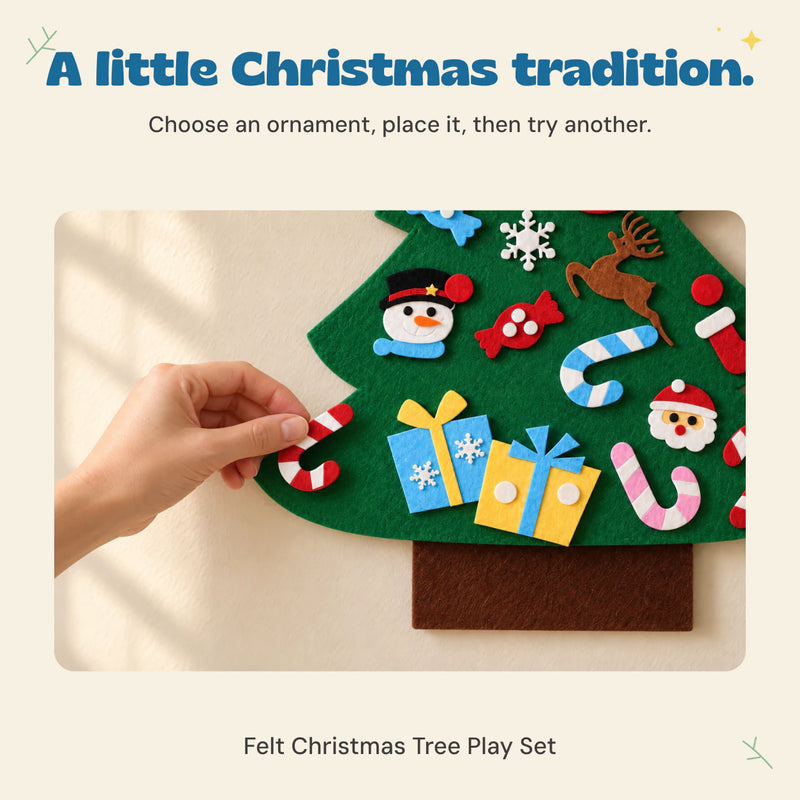 Hands place a felt ornament on the included green Christmas tree with colourful removable decorations.