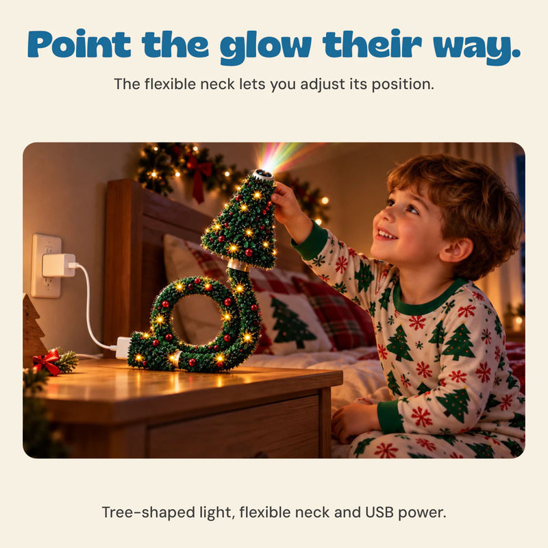 A child adjusts the Christmas tree projector, showing its flexible neck, ring base and white USB cable.