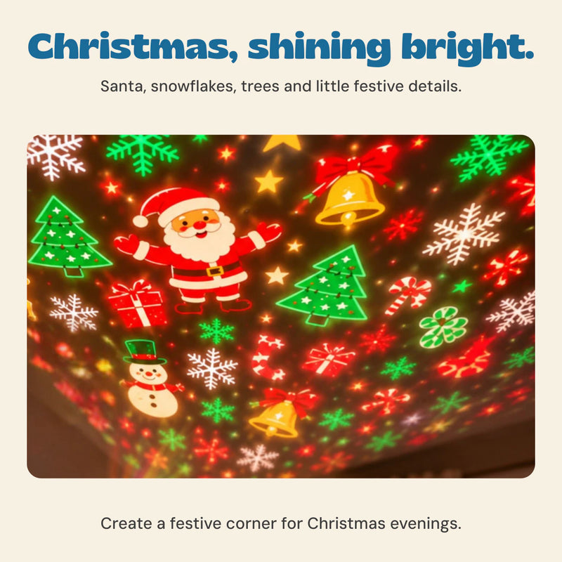 A close view of the original Christmas projection shows Santa, trees, bells, snowflakes, stars and wrapped gifts glowing on the ceiling.