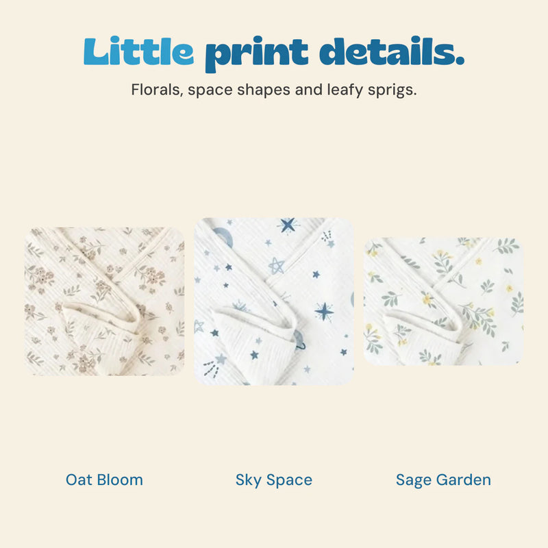Floral, space and garden print details from the three hooded towel sets.