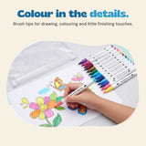 A hand colours a flower with a dual-tip marker beside the other markers and their clear pouch.