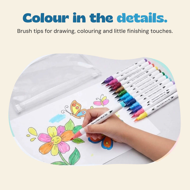 A hand colours a flower with a dual-tip marker beside the other markers and their clear pouch.