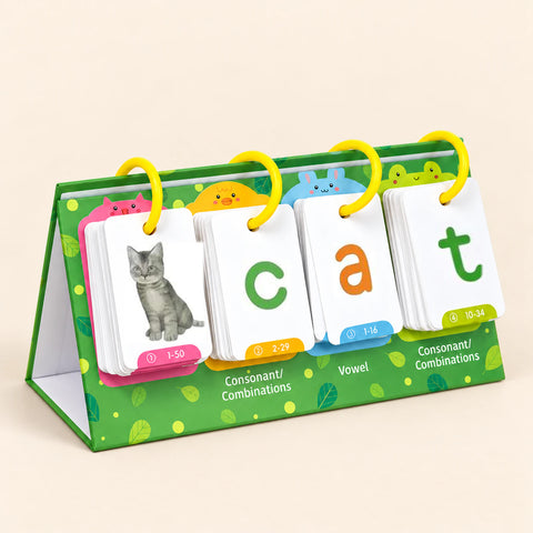 Green standing flip book with four yellow rings and original printed cat, c, a and t card faces.