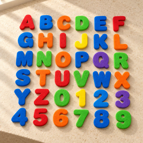 Complete set of 26 uppercase foam letters and ten numbers, arranged clearly on a warm beige surface.