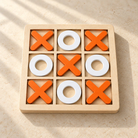 A wooden three-by-three tray with five orange crosses and four white rings.