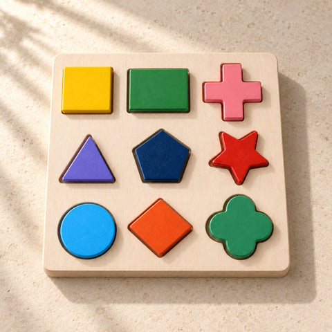 Nine colourful wooden shapes in their matching recesses on a natural wood board.
