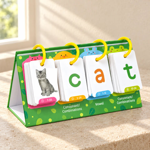 Green standing flip book with four yellow rings and cat, c, a and t card faces on a sunlit stone surface.