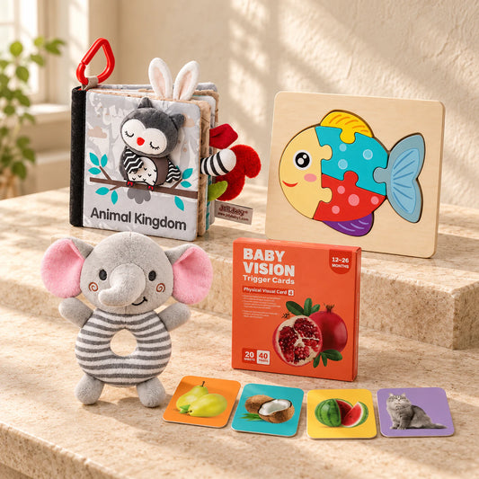 Animal Kingdom sensory book, Fish wooden puzzle, Pebble Grey elephant rattle and orange Vision Cards set arranged on warm beige.