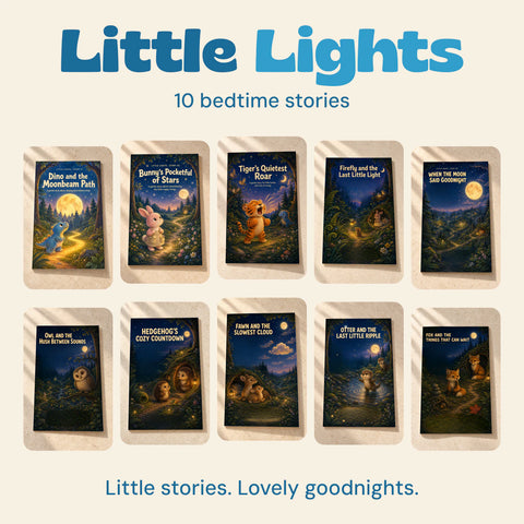 Little Lights collection with all ten original bedtime story cover artworks. Little stories. Lovely goodnights.