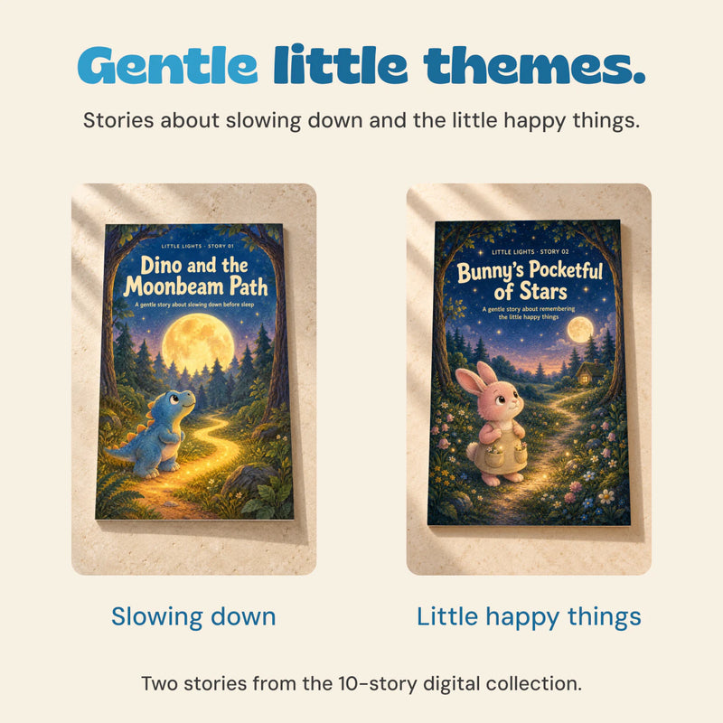 Original Dino and Bunny story covers highlighting slowing down and remembering little happy things.