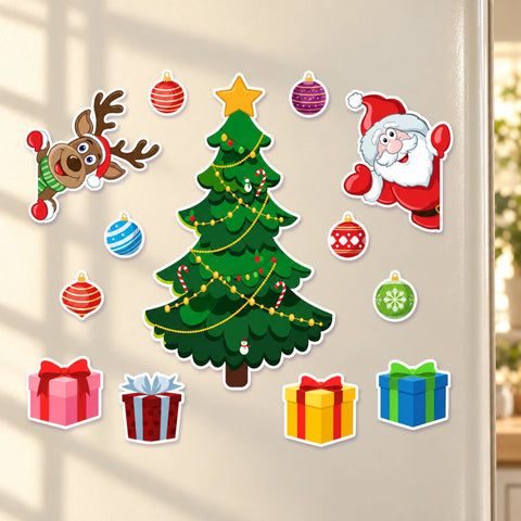 Christmas tree, Santa, reindeer, bauble and present magnets on a softly sunlit ivory refrigerator.