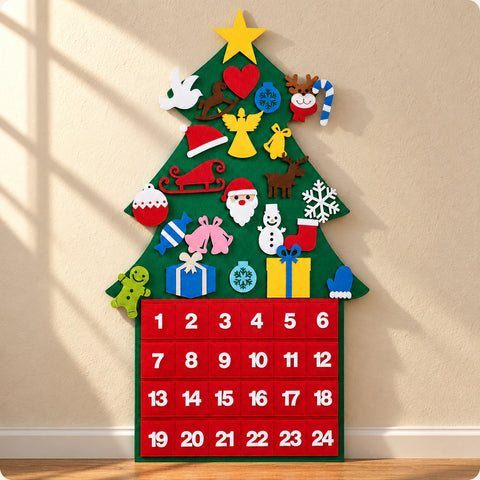 Green felt Christmas countdown tree with a yellow star, colourful removable ornaments and 24 red numbered pockets on warm beige.