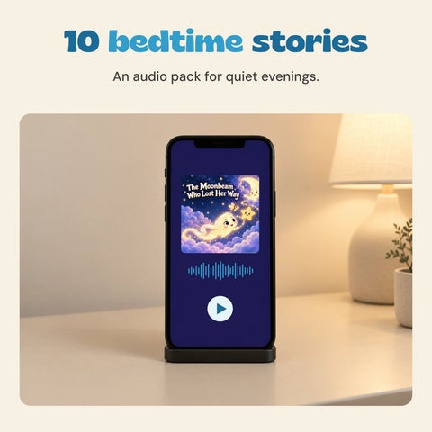 Ten bedtime audio stories, illustrated by the original Moonbeam cover on a phone in a warm bedside setting.