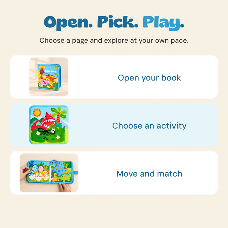 Three simple play prompts illustrated with the dinosaur activity book: open, choose an activity, move and match.