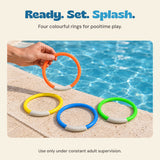 An adult hand holds the orange dive ring beside a pool, with the other three rings on the coping. Four-ring set shown. Use only under constant adult supervision.