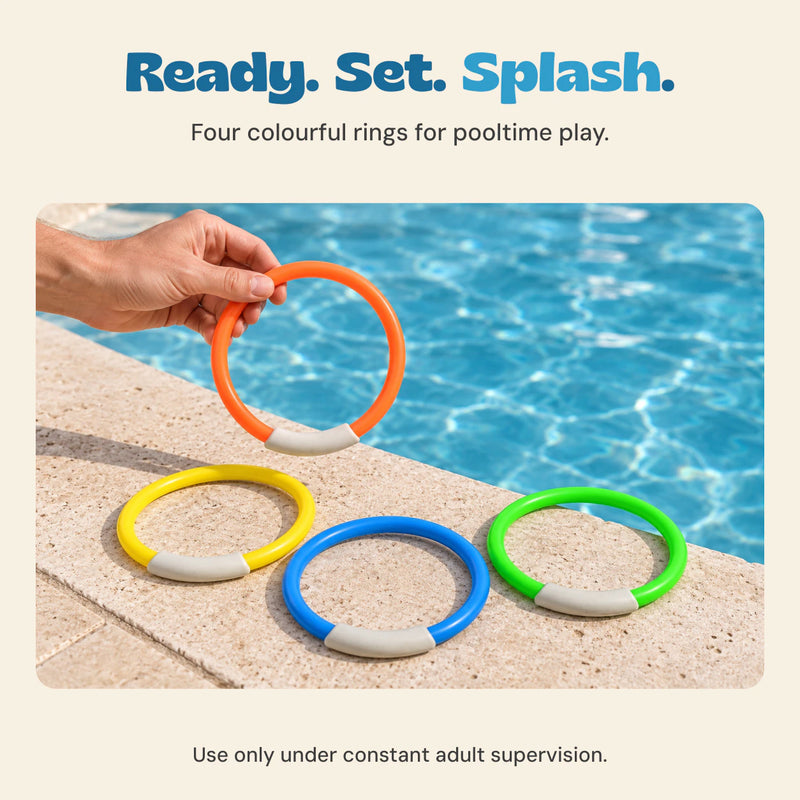 An adult hand holds the orange dive ring beside a pool, with the other three rings on the coping. Four-ring set shown. Use only under constant adult supervision.