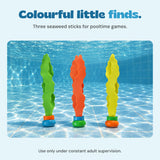 Three colourful seaweed sticks stand on a sunlit pool floor. Three-stick set shown. Use only under constant adult supervision.