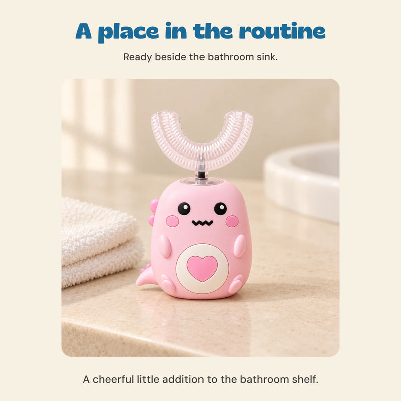 Pink EasyBrush standing beside a folded washcloth on a beige bathroom counter.