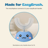 An original product photograph shows the replacement mouthpiece fitted to a blue EasyBrush handle. Handle is shown for fit only.