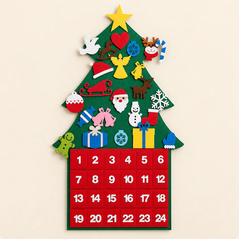 Green felt Christmas countdown tree with a yellow star, colourful removable ornaments and 24 red numbered pockets on warm beige.