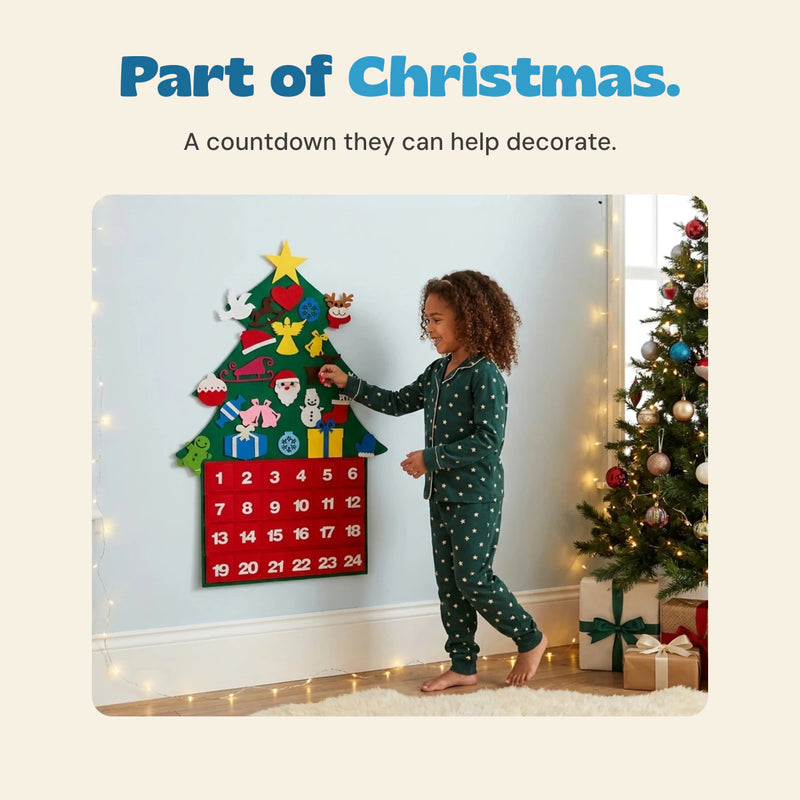 An original product photo shows a child decorating the felt countdown tree beside a Christmas tree.