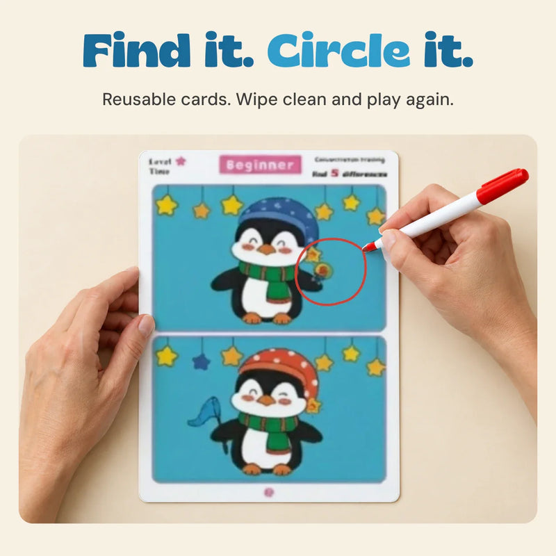 One large Beginner penguin puzzle with an adult hand circling the lollipop that is present in the top picture and absent in the bottom picture. Reusable cards can be wiped clean and played again.