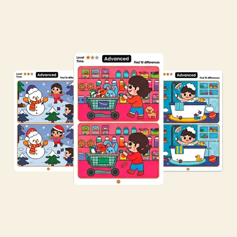 Advanced find-the-difference option with three unchanged puzzle examples, 11 cards, 22 puzzles, and 10 differences per puzzle.