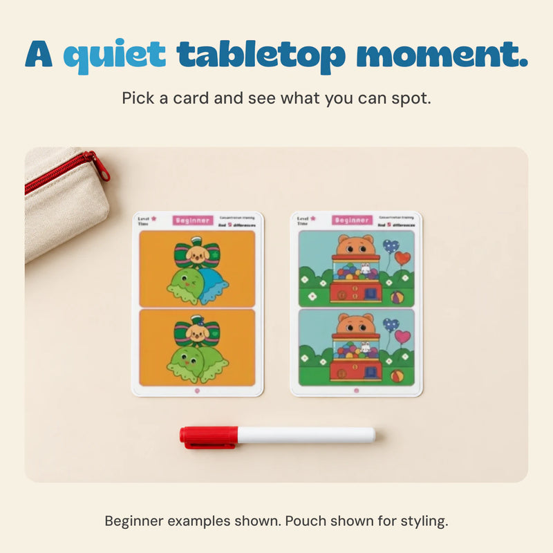 Two unchanged Beginner puzzle cards and marker arranged neatly beside a plain pouch.