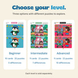 Three separate choices compared: Beginner with 10 cards, 20 puzzles and 5 differences; Intermediate with 11 cards, 22 puzzles and 7 differences; Advanced with 11 cards, 22 puzzles and 10 differences.
