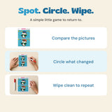 Three play prompts using the actual penguin puzzle: compare the pictures, circle the differences and wipe clean.