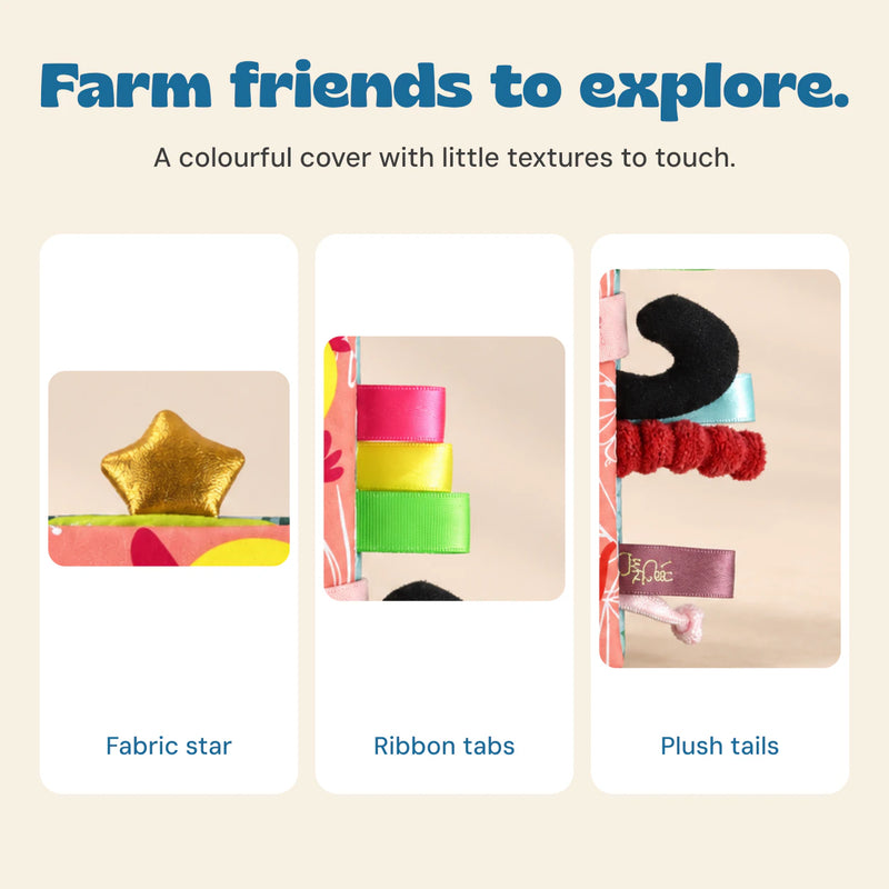 Close-up details of the Farm Fun cloth book: gold fabric star, bright ribbon tabs and plush tails.