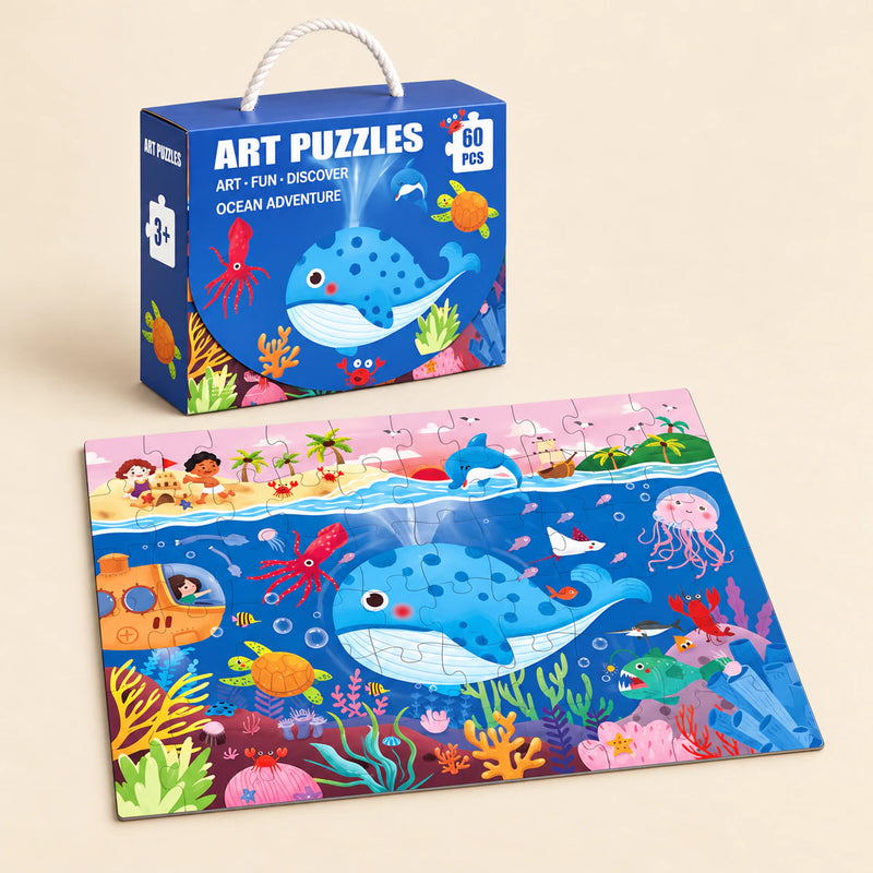 Ocean Adventure (60 pieces) puzzle with its matching carry box on a warm beige background