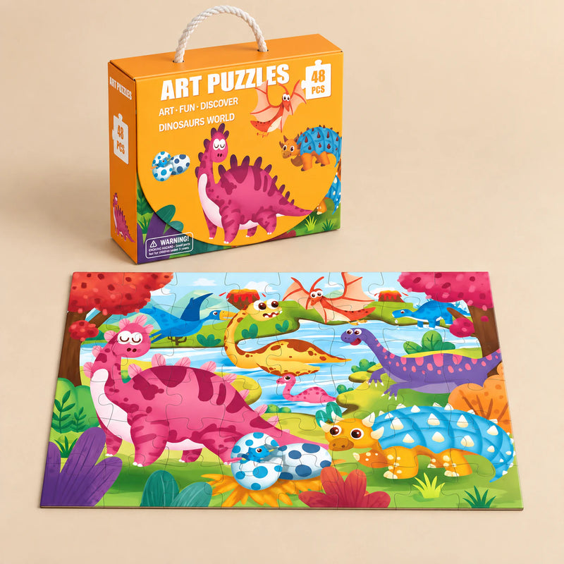 Dinosaur World (48 pieces) puzzle with its matching carry box on a warm beige background