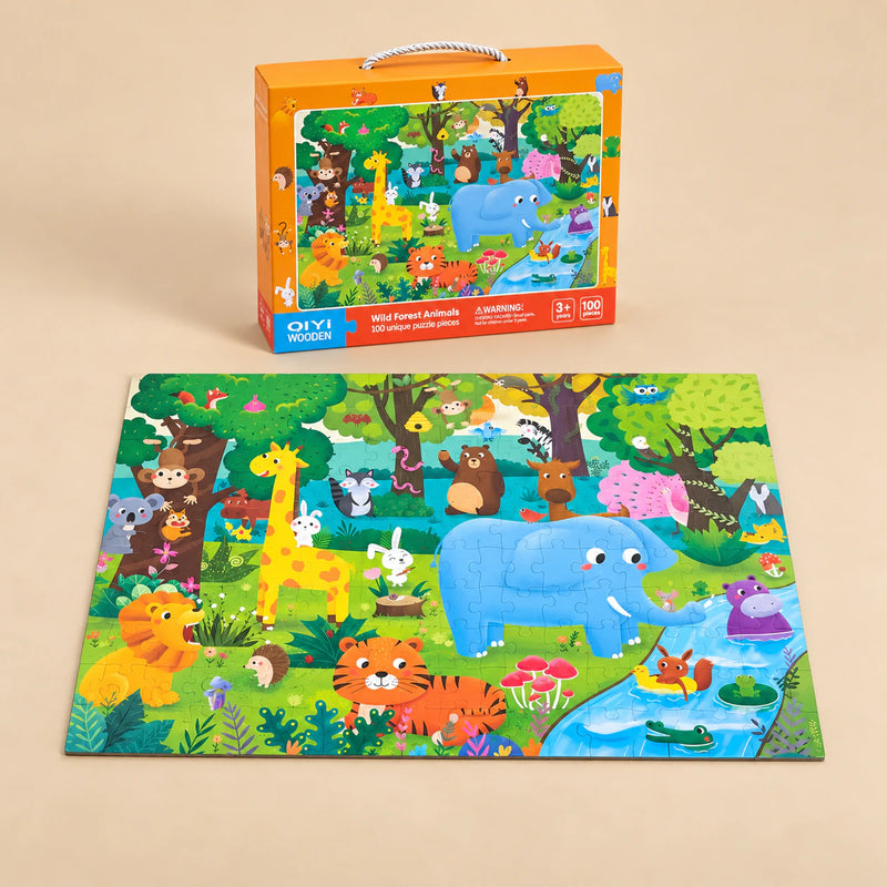 Wild Forest Animals (100 pieces) puzzle with its matching carry box on a warm beige background