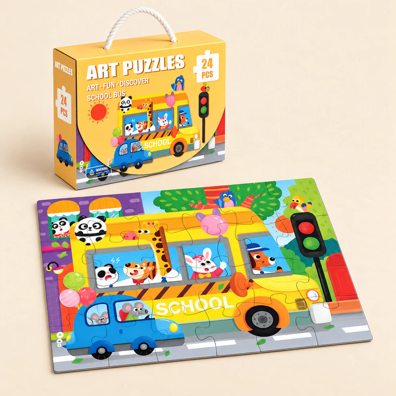School Bus (24 pieces) puzzle with its matching carry box on a warm beige background