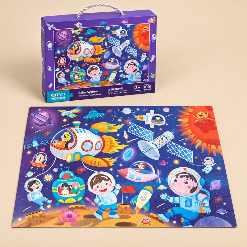 Solar System (100 pieces) puzzle with its matching carry box on a warm beige background