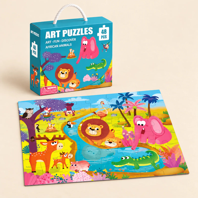 African Animals (48 pieces) puzzle with its matching carry box on a warm beige background