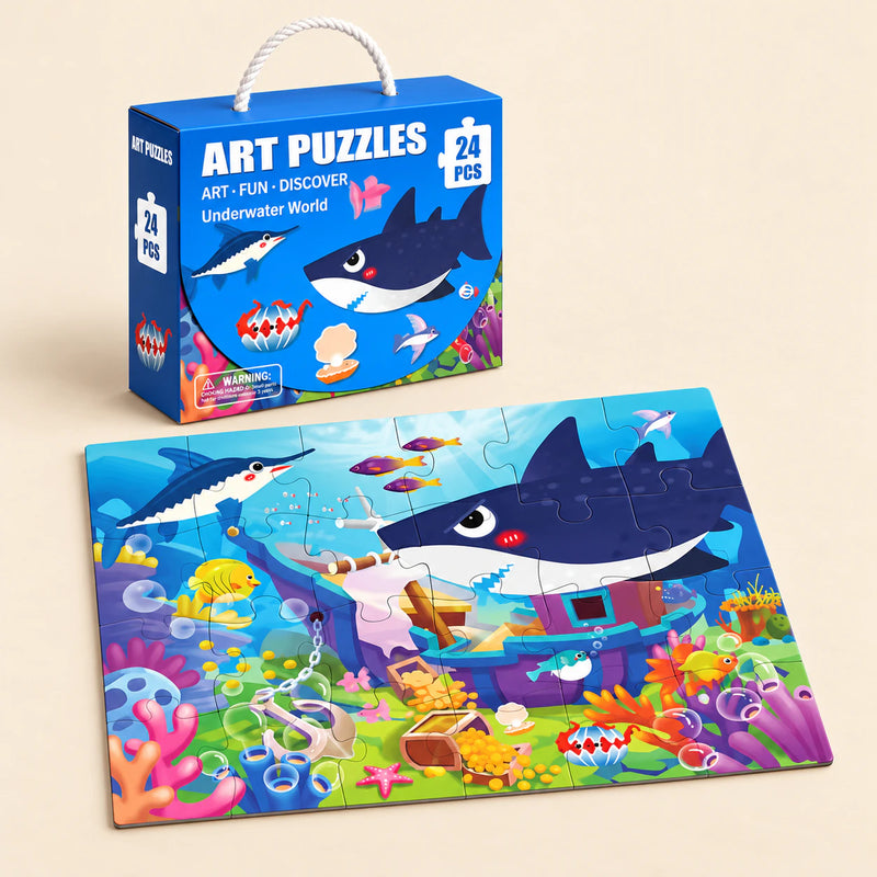 Underwater Exploration (24 pieces) puzzle with its matching carry box on a warm beige background