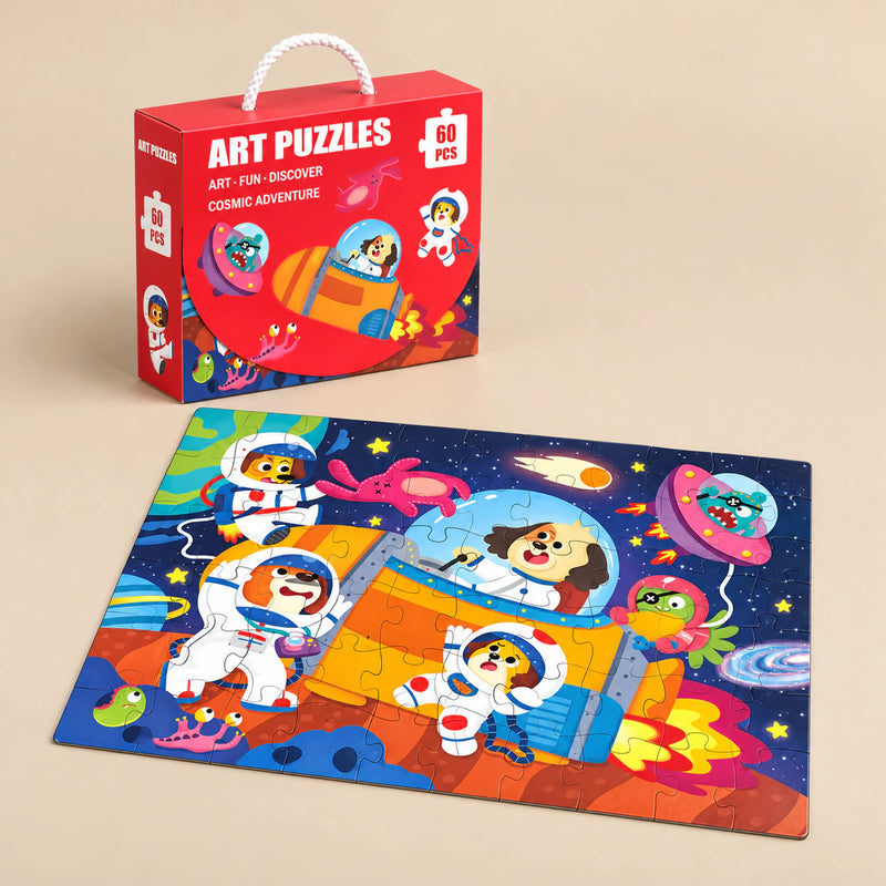 Cosmic Adventure (60 pieces) puzzle with its matching carry box on a warm beige background