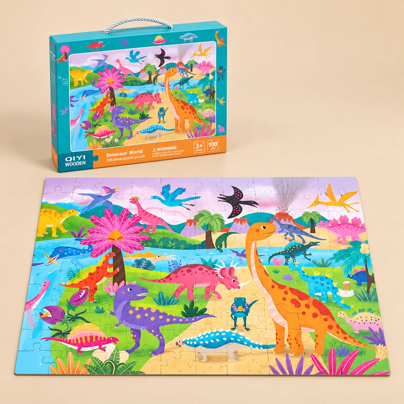 Dinosaur World (100 pieces) puzzle with its matching carry box on a warm beige background