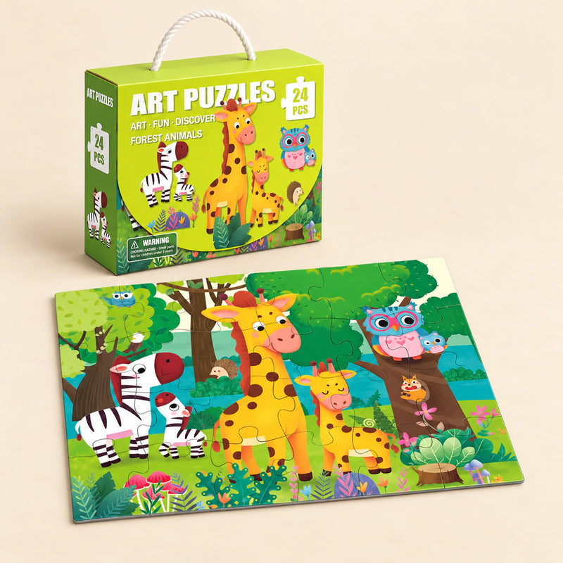 Forest Families (24 pieces) puzzle with its matching carry box on a warm beige background
