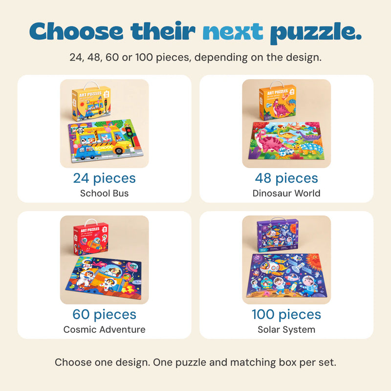 Choice of 24, 48, 60 and 100-piece puzzles. Choose one design, with one puzzle and matching box per set.
