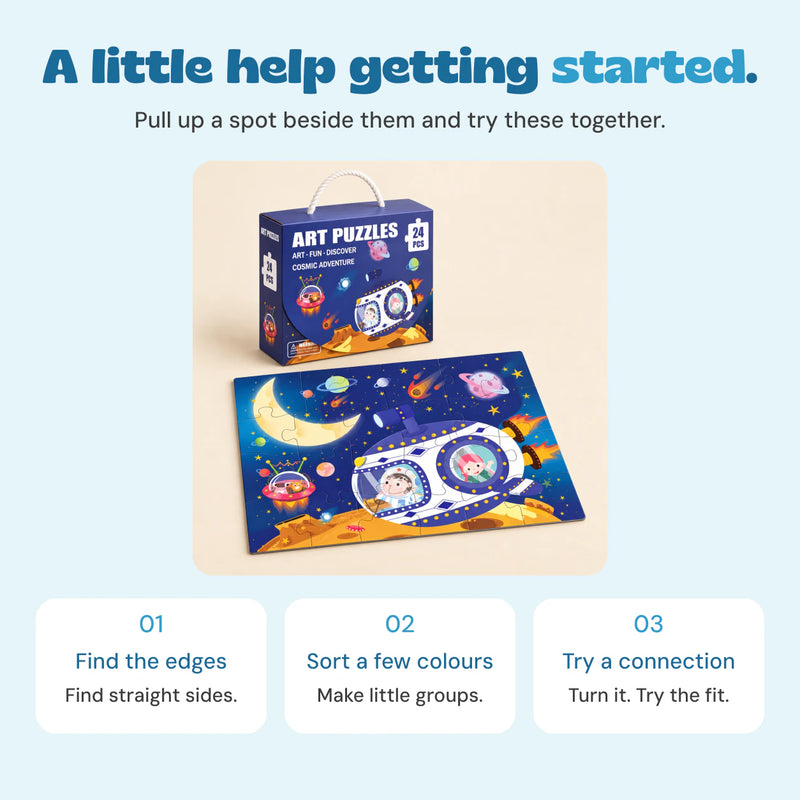 Three ways to start a puzzle together: find the edges, sort colours, then try a connection.