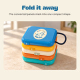 The five activity panels folded into a compact blue, yellow, cream, orange and turquoise stack with a short cord loop.