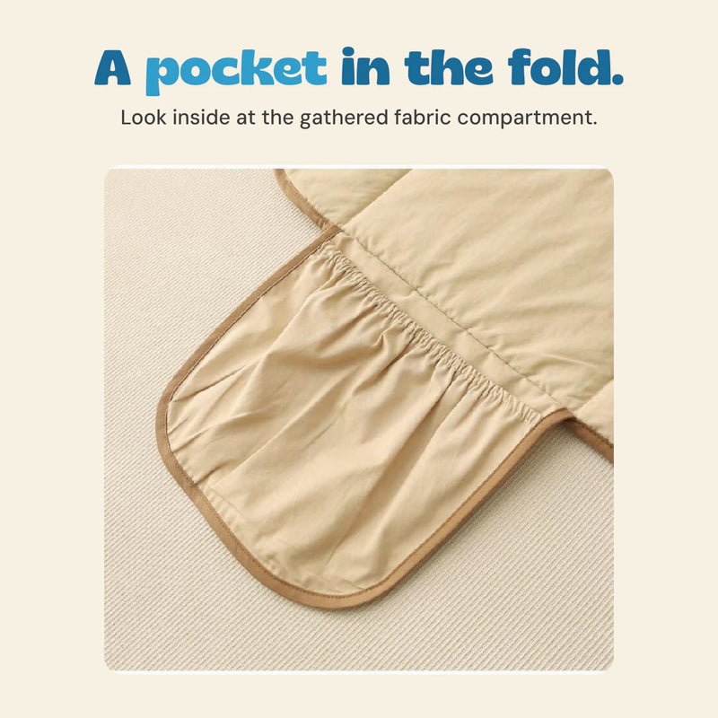 A close view inside the changing mat shows a gathered elastic fabric pocket.