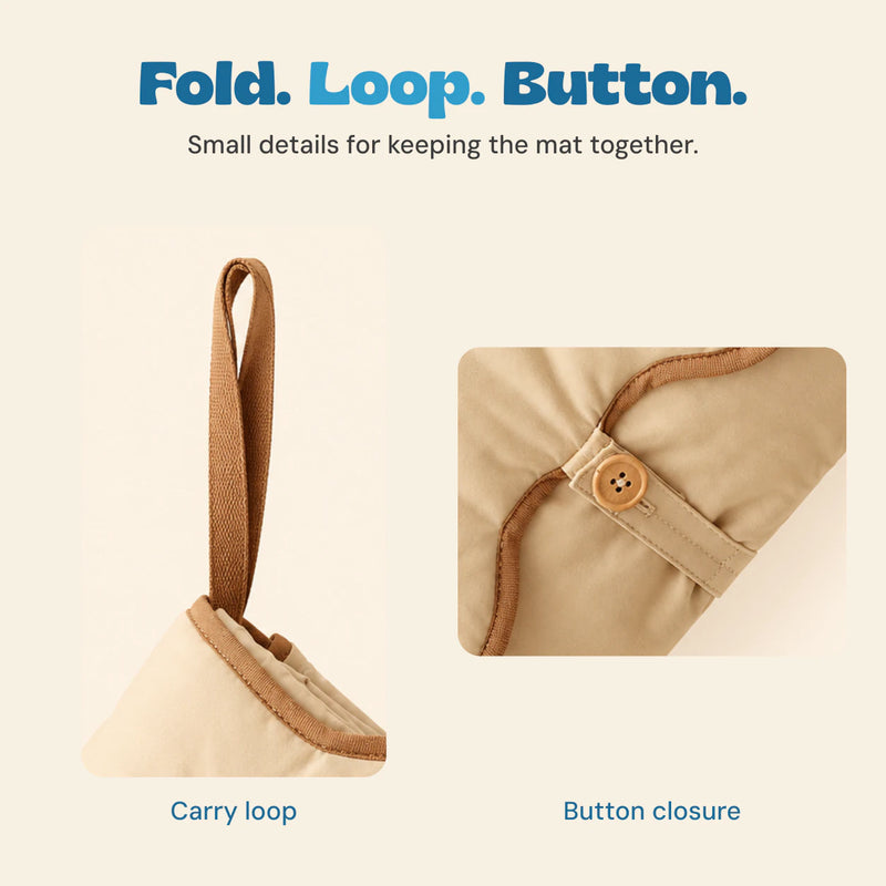 Close views of the changing mat carry loop and wooden button closure.