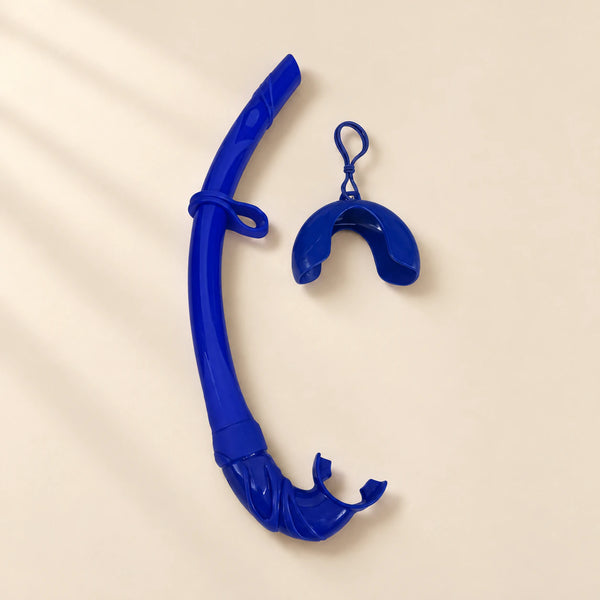 TibaToes foldable snorkel in Sky Blue, with its curved silicone tube, mouthpiece, mask keeper and matching storage cover.